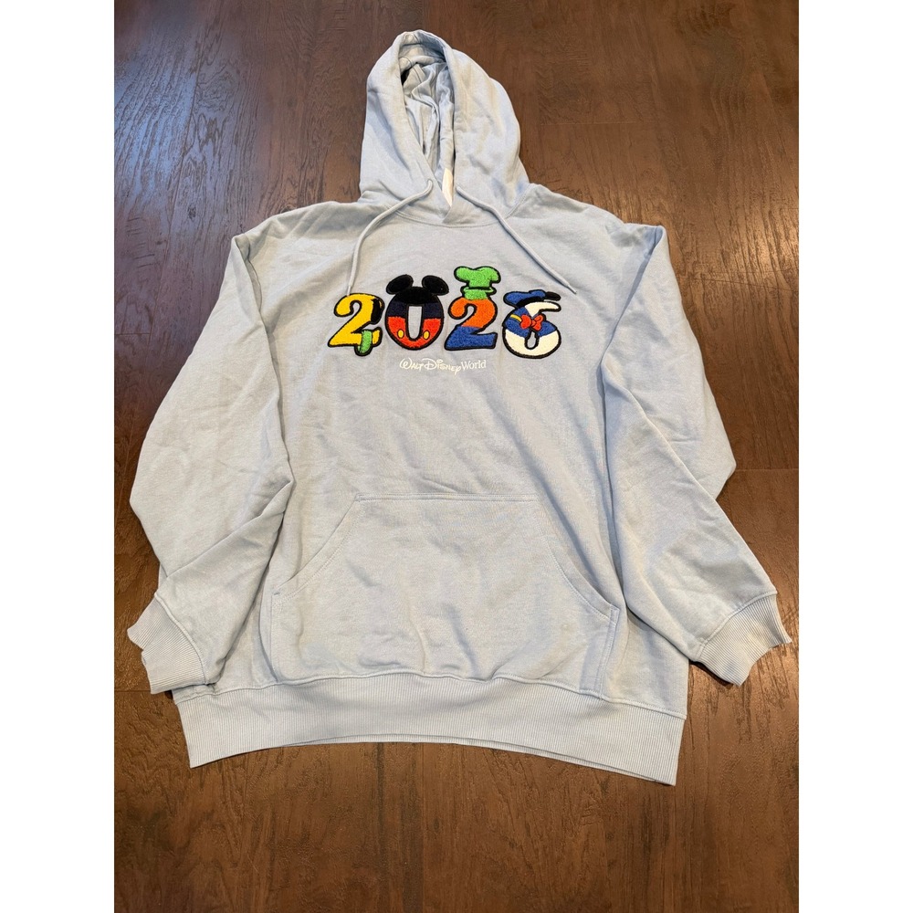Disney World 2023 Mickey Goofy Donald Hoodie Light Blue Chenille M